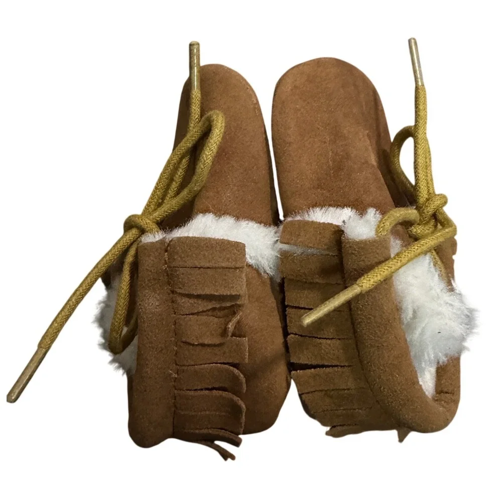 Unbranded Tan‎ Faux Suede Fringe Moccasin Booties with Faux Fur Lining Kids